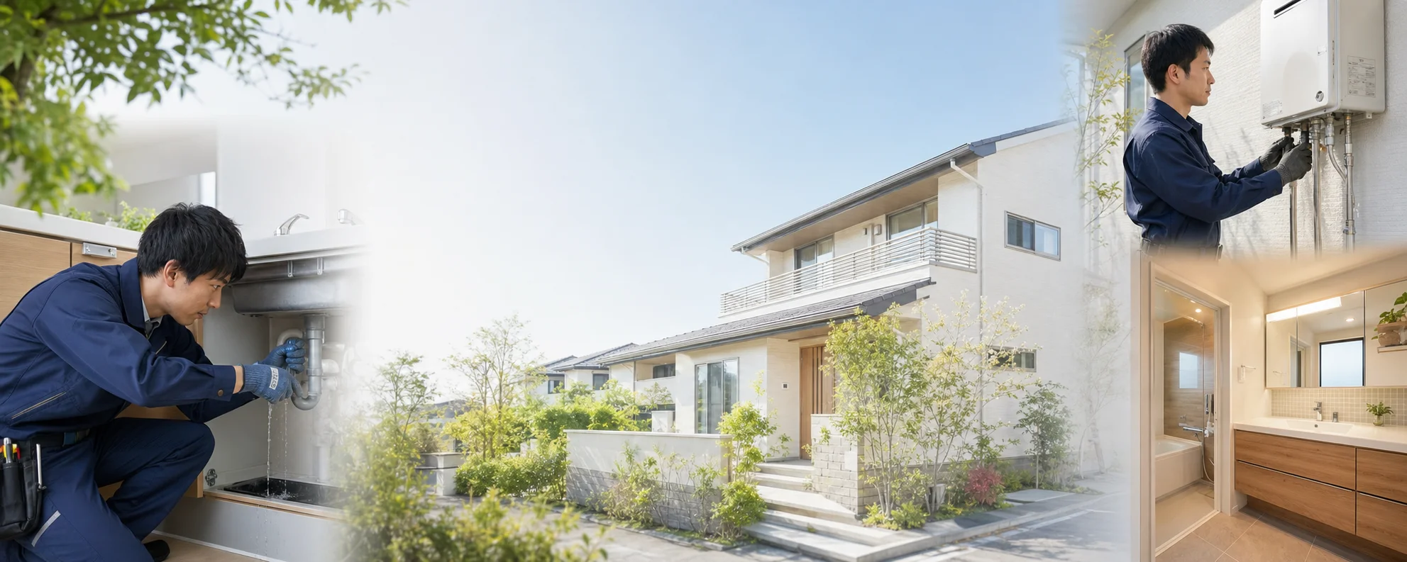 戸建住宅を背景に、配管修理・給湯器点検・水まわりリフォームの対応風景を示すイメージ