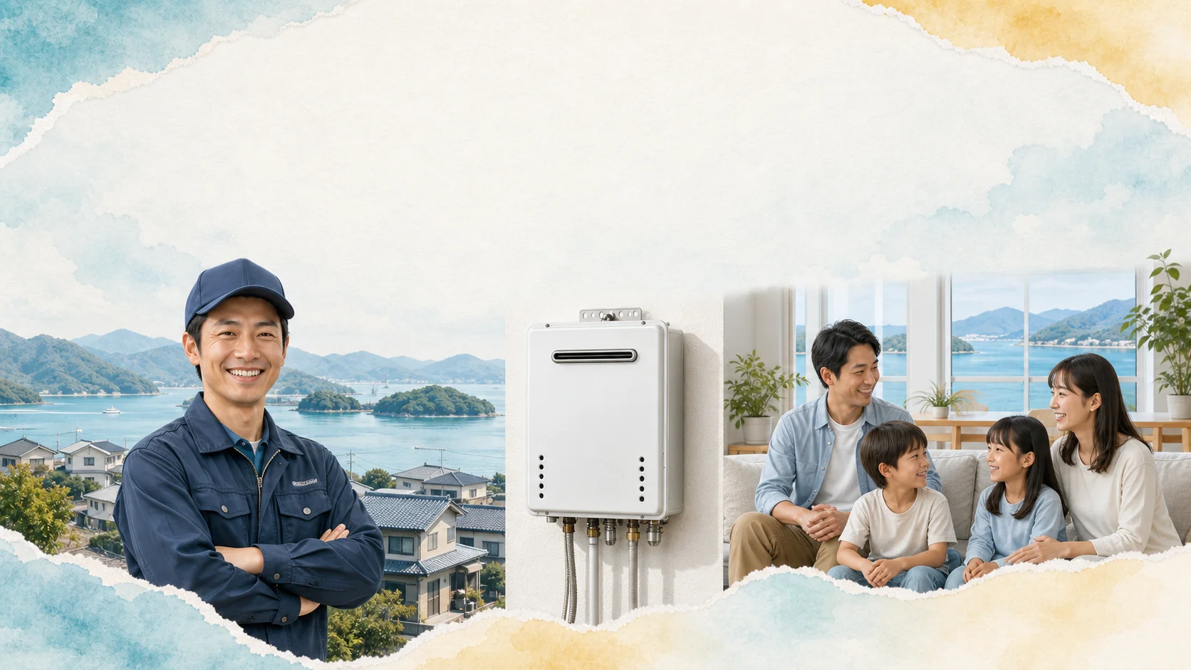 瀬戸内の海と住宅地を背景にした給湯器、作業員、安心した家族
