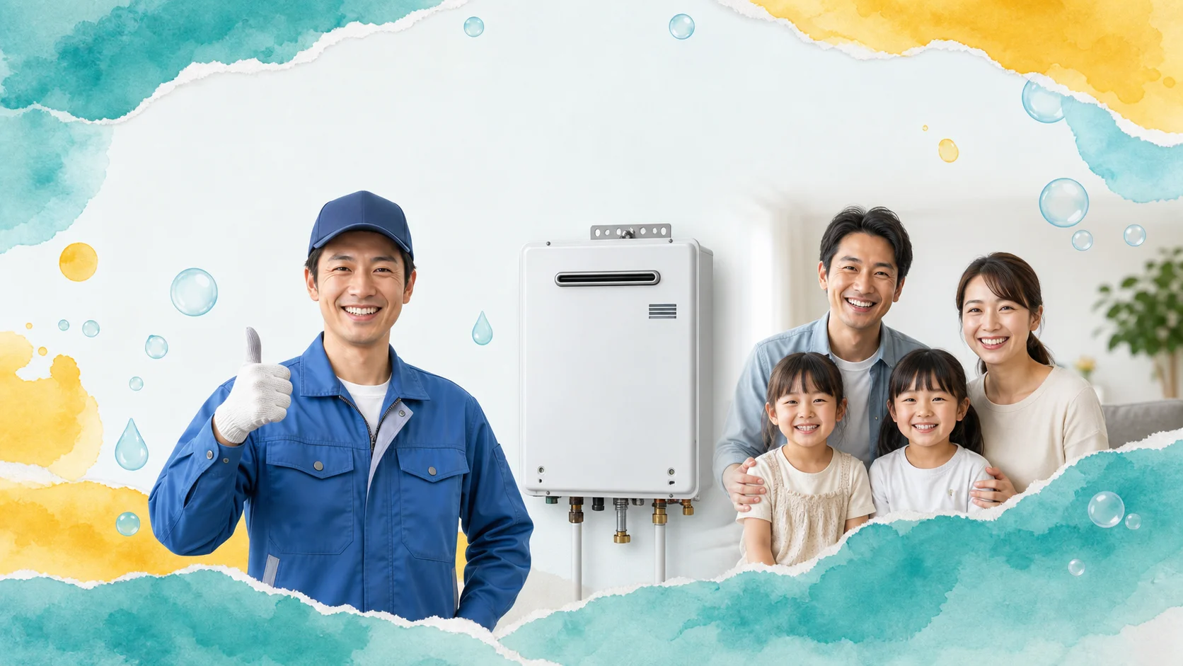 給湯器と作業員、安心した家族のいる住まい