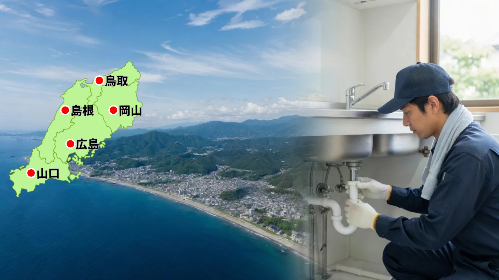 鳥取・島根・岡山・広島・山口の中国地方と、水まわり修理を行う作業員