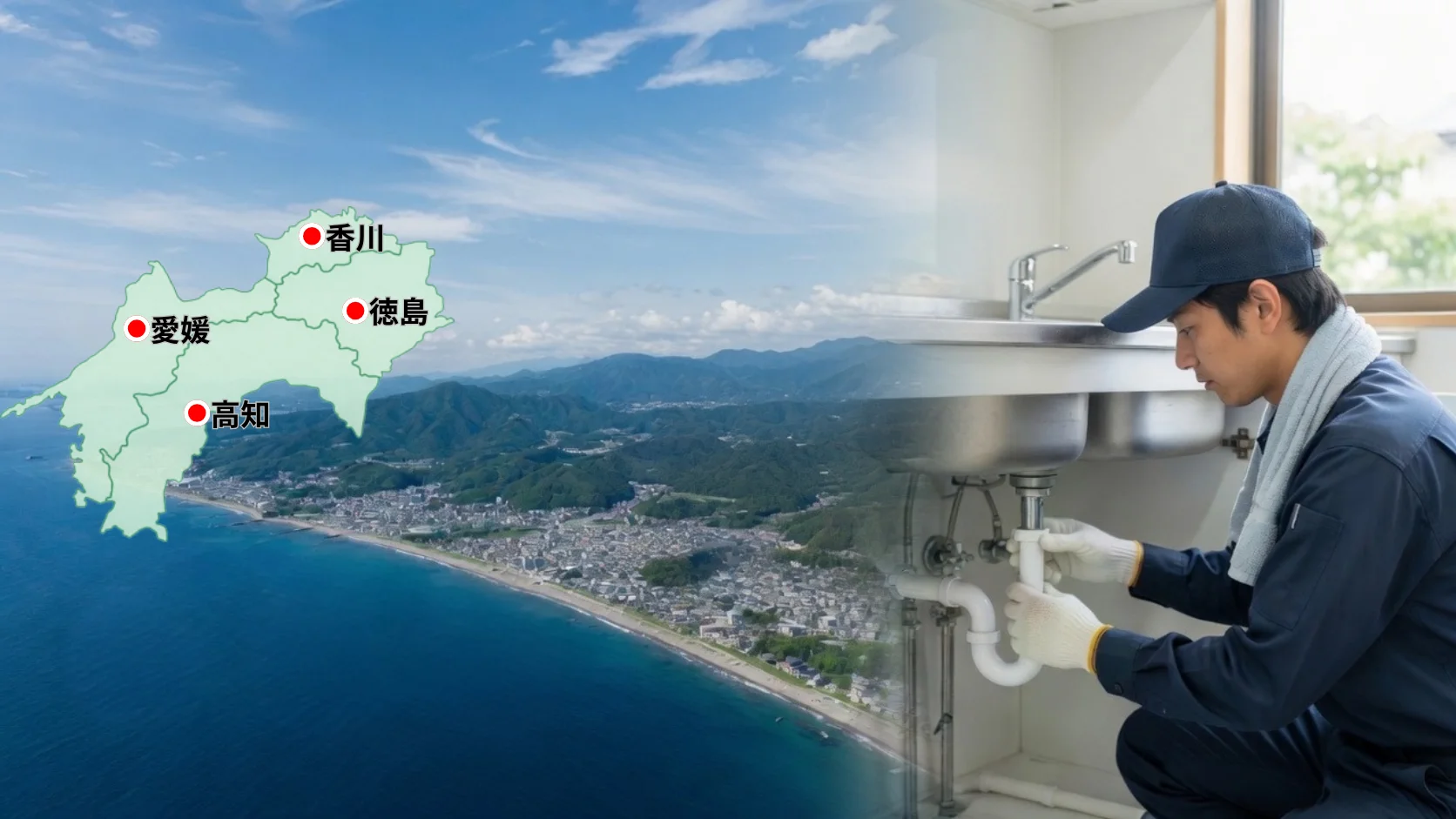徳島・香川・愛媛・高知の四国地方と、水まわり修理を行う作業員