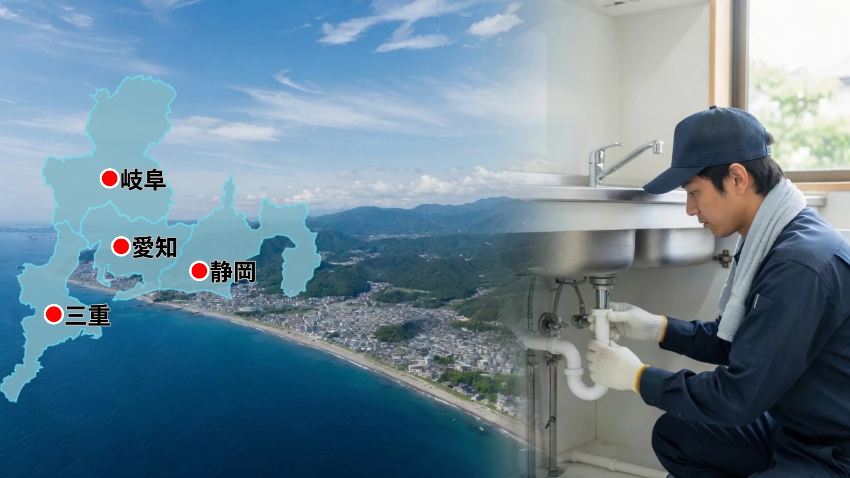 愛知・岐阜・三重・静岡の東海4県と、水まわり修理を行う作業員