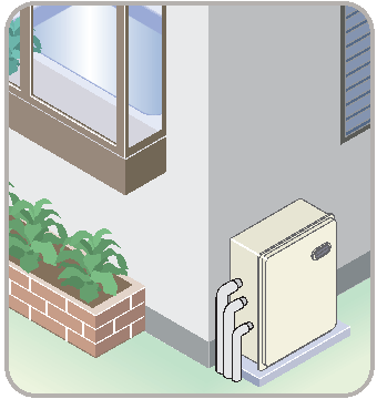 屋外の地面に据え置かれた給湯機