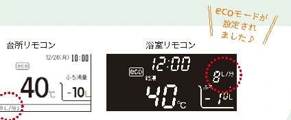 ecoモードの設定を表示する台所・浴室リモコン