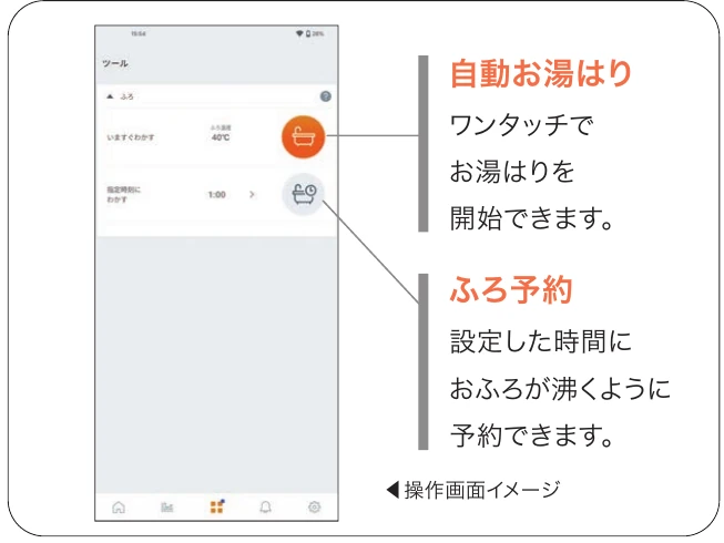 自動お湯はりとふろ予約に対応した専用アプリの操作画面イメージ