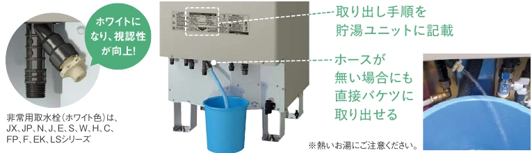 貯湯ユニットの非常用取水栓からバケツへ水を取り出すイメージ