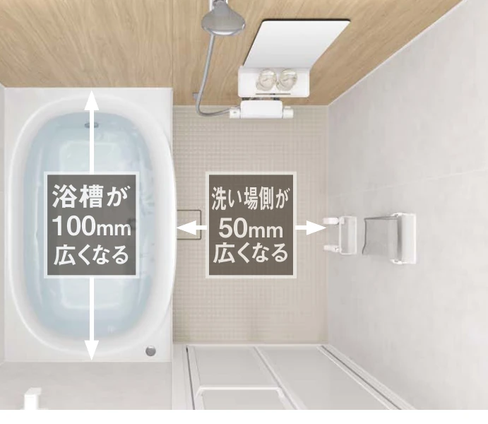 既存の空間を生かして浴槽と洗い場を広げる例