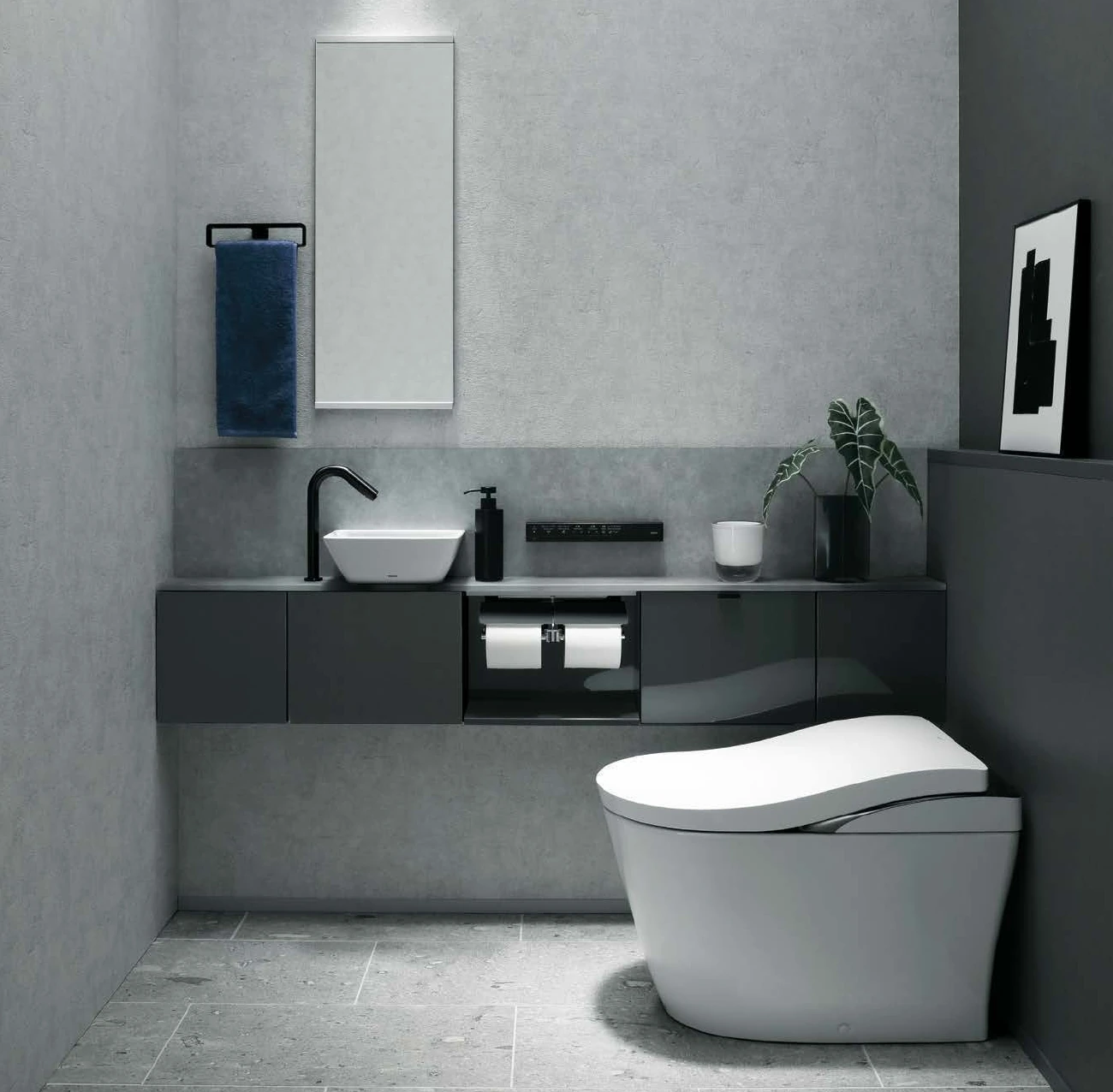 ブラックの小物を組み合わせたトイレ空間
