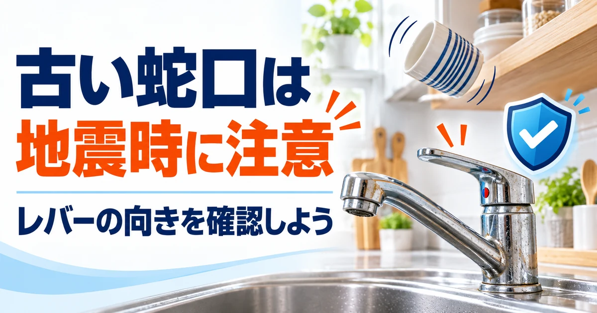 古い蛇口のレバー方向を確認して地震時の安全に備えるイメージ