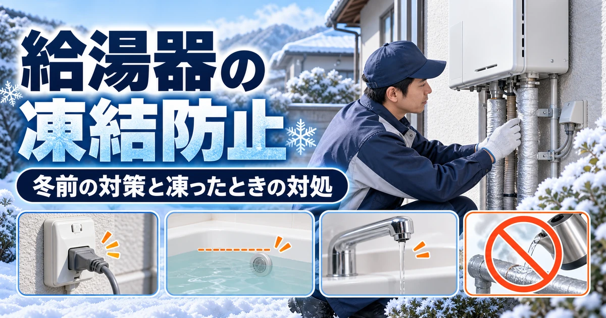 冬の住宅に設置された給湯器と凍結防止の確認項目を示すイメージ