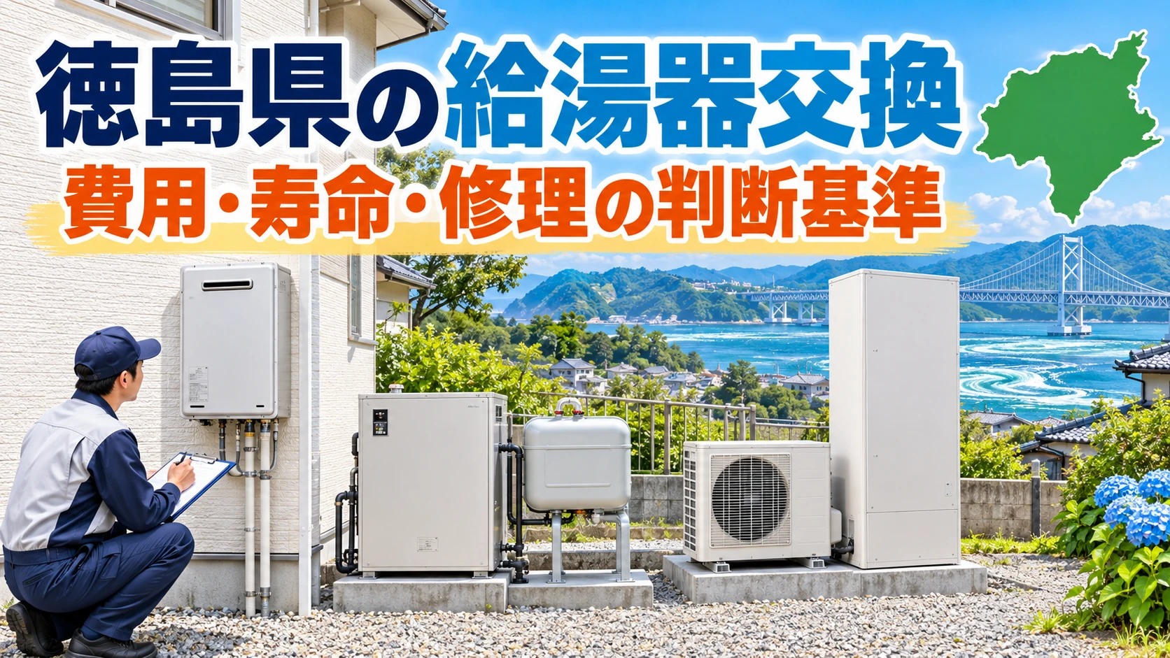 徳島県の住宅でガス給湯器・石油給湯器・エコキュートを作業員が点検するイメージ
