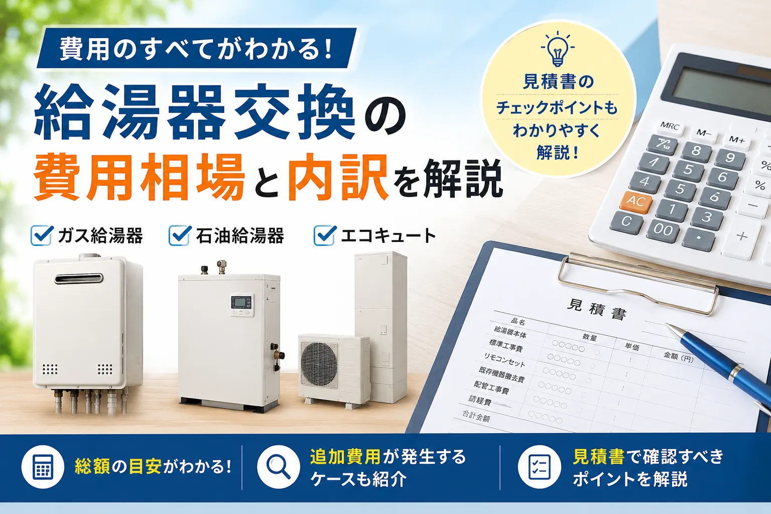 給湯器交換の本体価格・工事費・追加料金を確認するイメージ