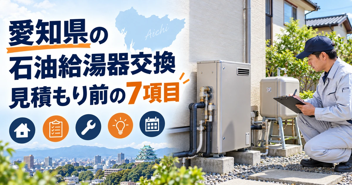 石油給湯器と灯油タンクの設置状況を確認する作業員のイメージ