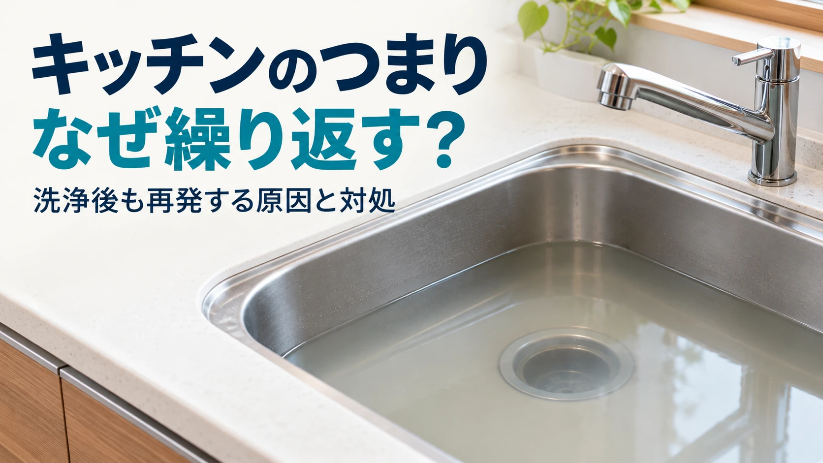キッチンのつまりが繰り返す悩みを、水がたまったシンクで表したイメージ