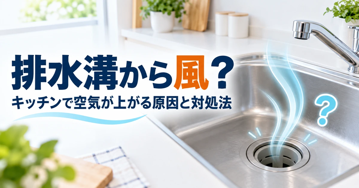 キッチンの排水口から風や空気が上がってくる様子を表したイメージ
