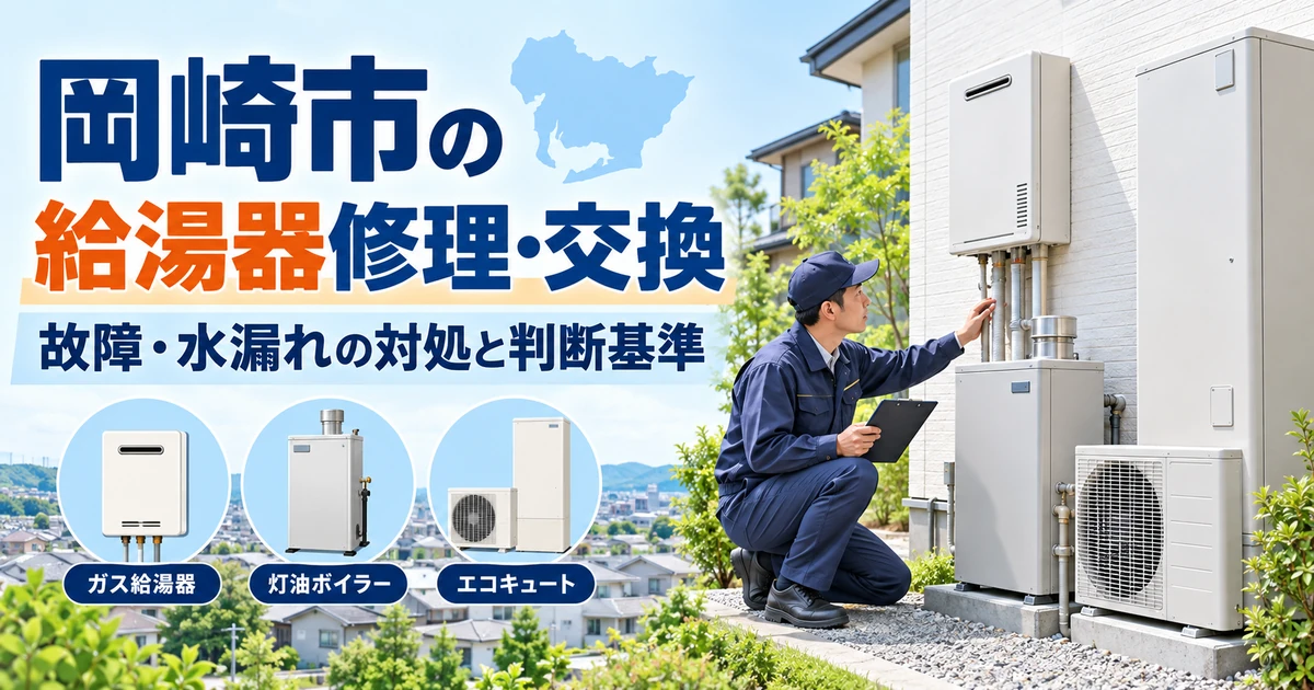 岡崎市の住宅でガス給湯器・石油給湯器・エコキュートを点検する作業員のイメージ