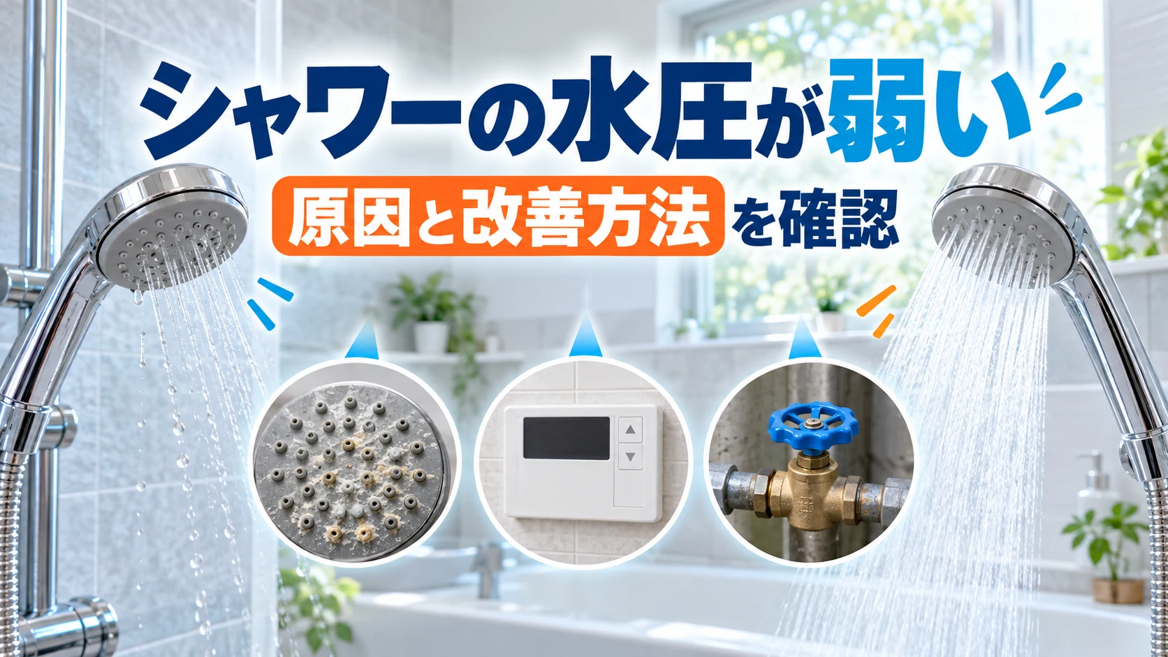 水圧が弱いシャワーと勢いよく出るシャワーを比較し、散水板や給湯器などの原因を示した画像