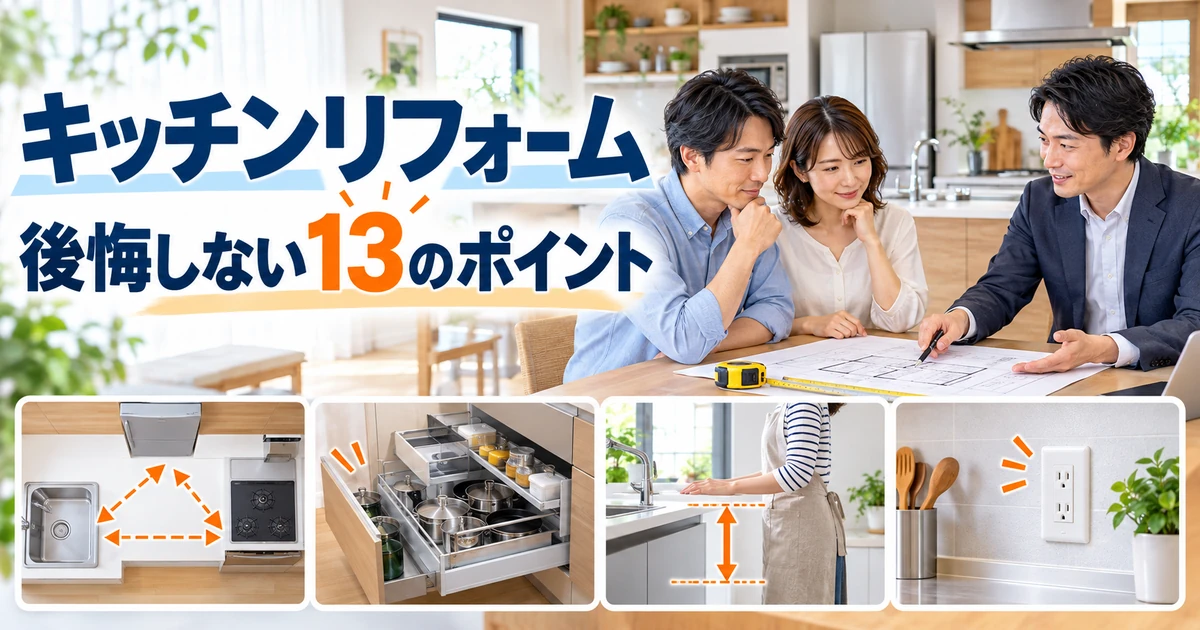 キッチンリフォームのレイアウト・収納・設備を打ち合わせる家族と担当者のイメージ