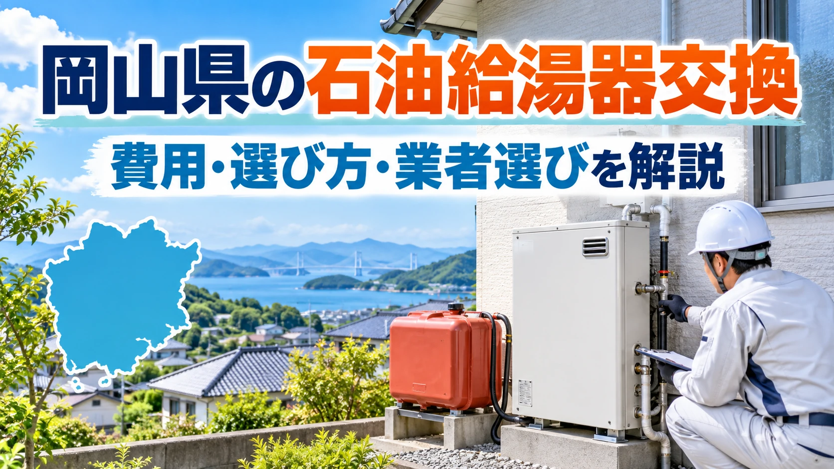 岡山県の住宅に設置された石油給湯器と灯油タンクを作業員が点検するイメージ