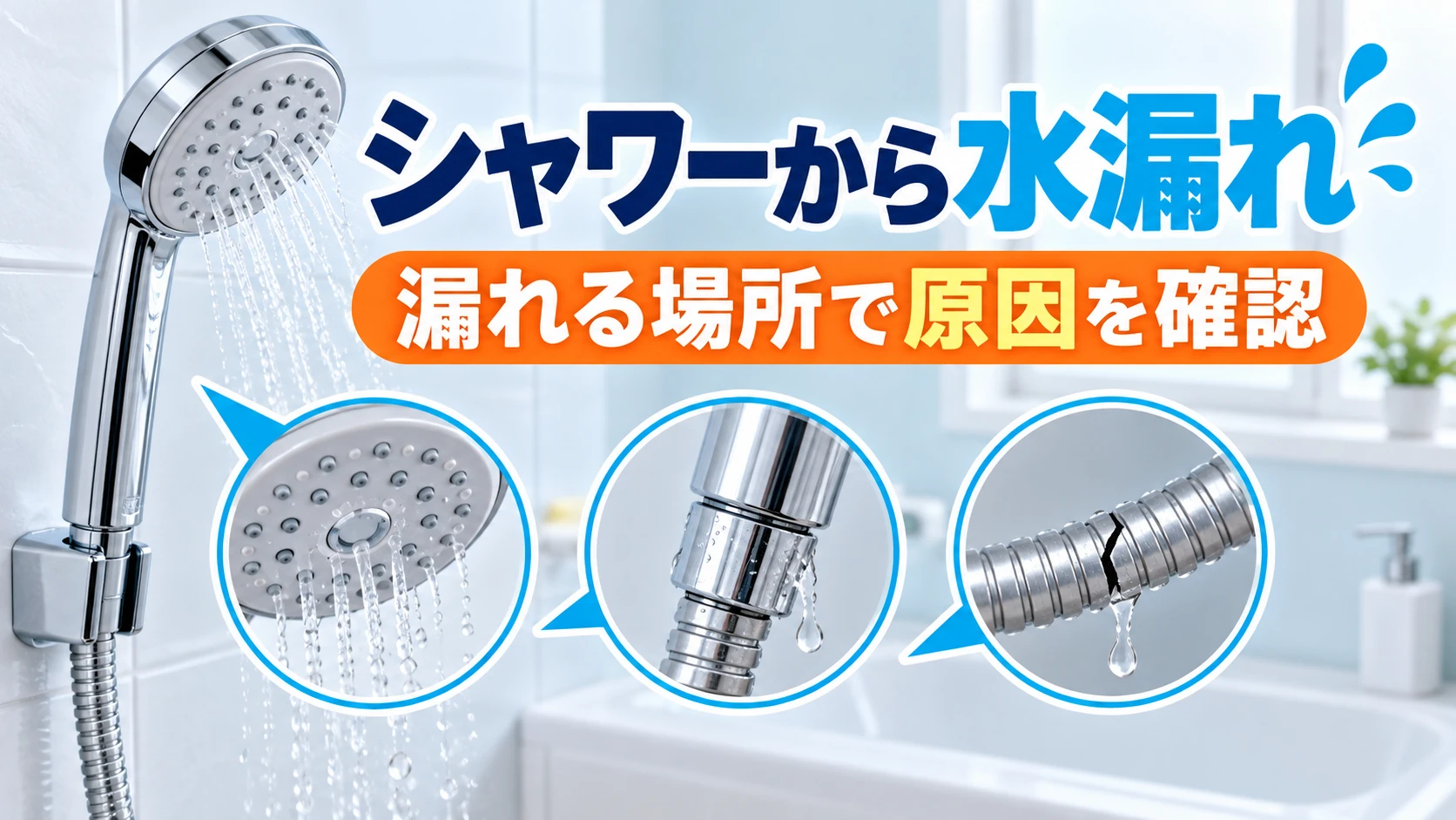 シャワーヘッド、ホースとの接続部、ホース本体から水漏れしている場所を示した画像
