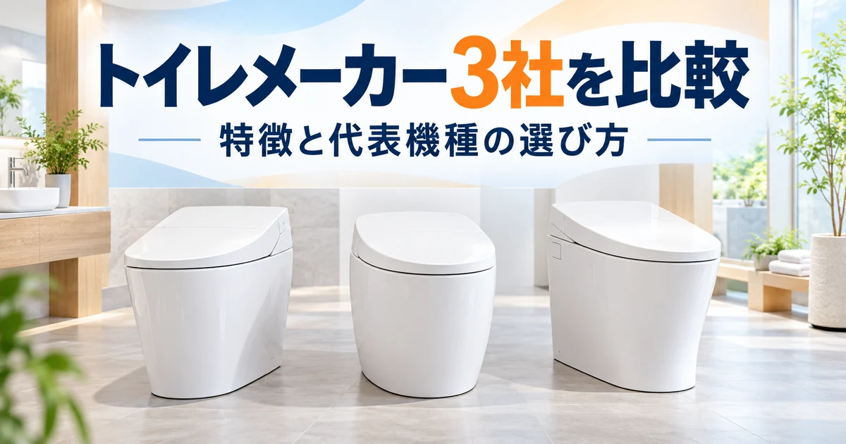 3種類のトイレを並べてメーカーごとの特徴と代表機種を比較するイメージ