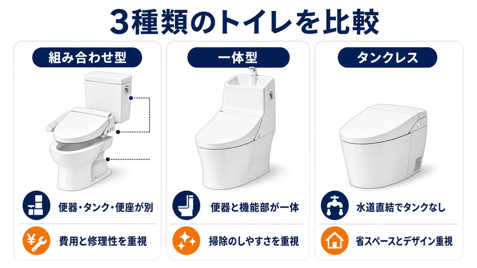 組み合わせ型・一体型・タンクレストイレの構造と特徴の比較
