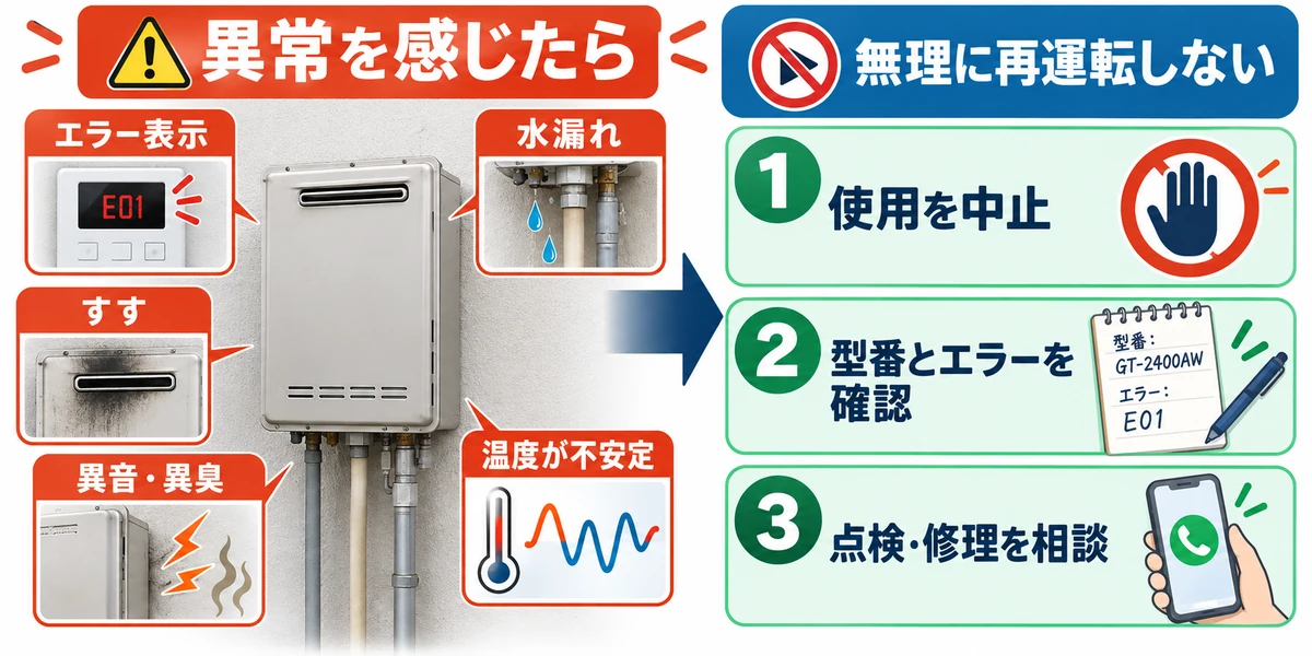 給湯器にエラー、水漏れ、すす、異音、異臭があるときの安全な行動を示す図
