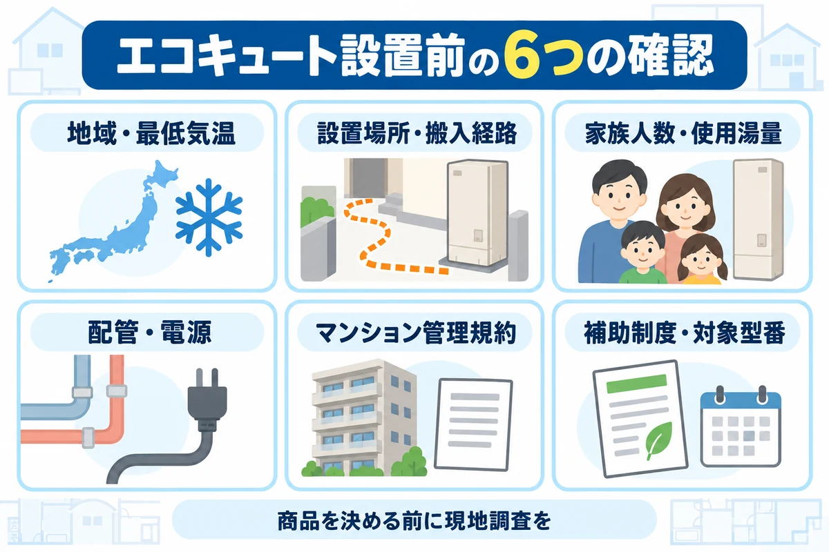 alt：エコキュートを設置する前に確認する地域・設置場所・容量・配管・管理規約・補助制度