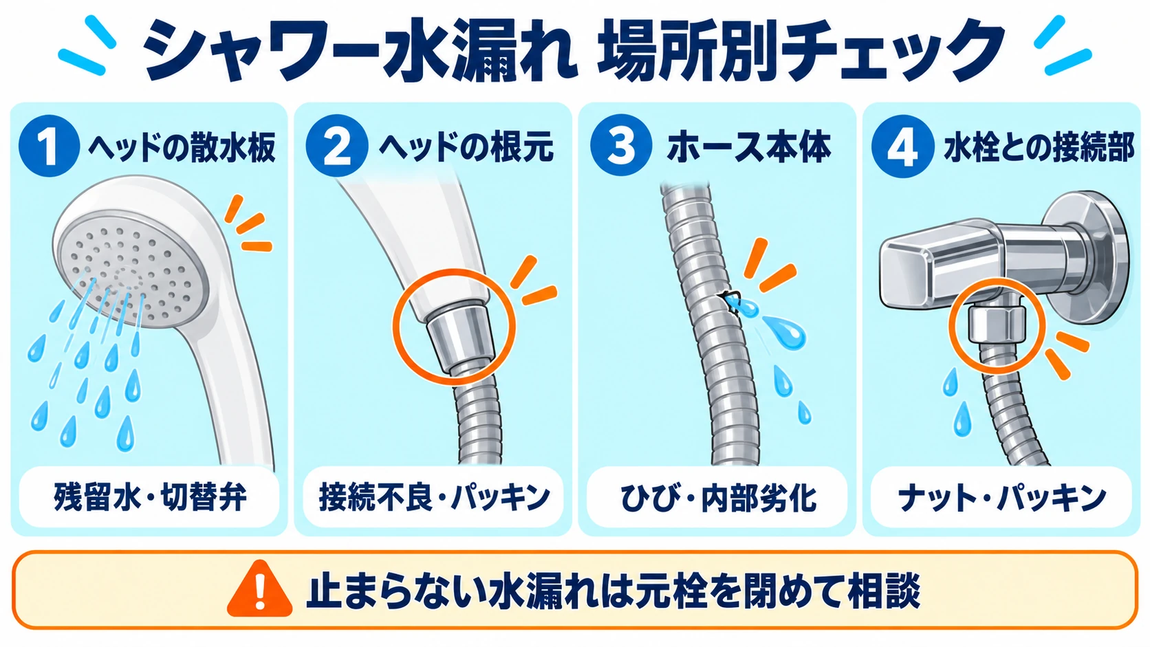 シャワーヘッドの散水板、ヘッドの根元、ホース本体、水栓との接続部の水漏れ原因を示す図