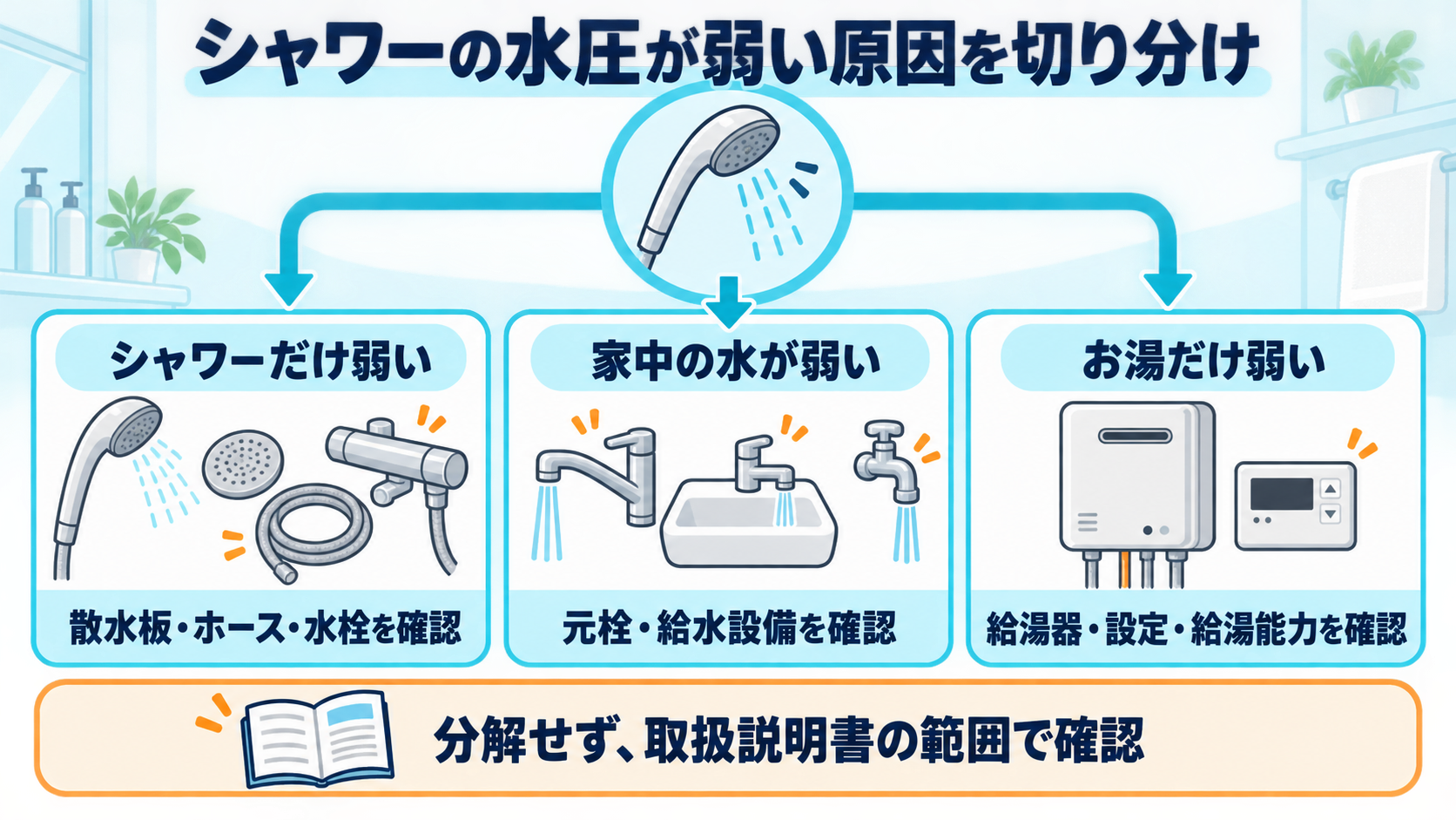 シャワーだけ、家中の水、お湯だけの3方向から水圧低下の原因を切り分ける図